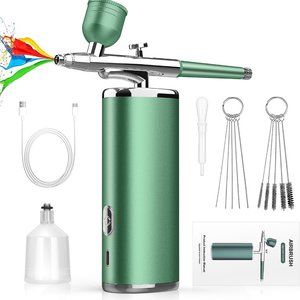Airbrush Kit with Compressor Non-Clogging 28PSI Air Brush Gun Rechargeable Green